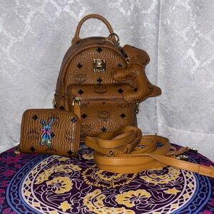 MCM Cognac Backpack with Wallet and Bear Charm